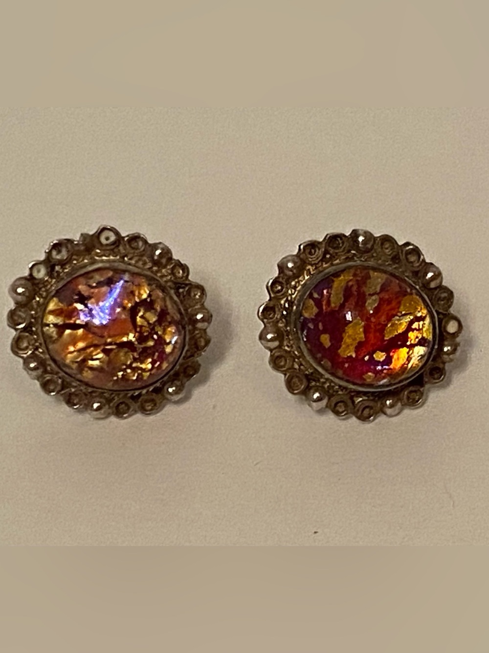 MEXICO EARRINGS STERLING SILVER DICHROIC GLASS FIREY GOLD SCREW BACK VINTAGE